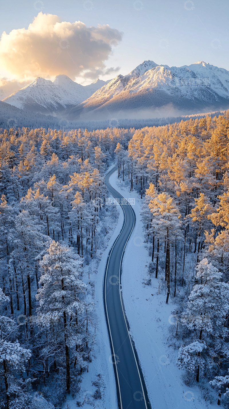 高清大图下载【趣麦麦图】雪山森林公路风景如画