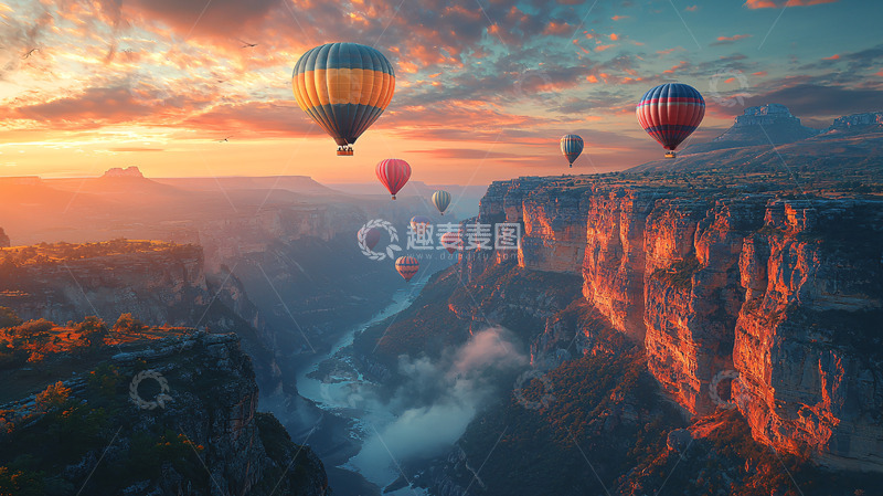 高清大图下载【趣麦麦图】热气球峡谷日落