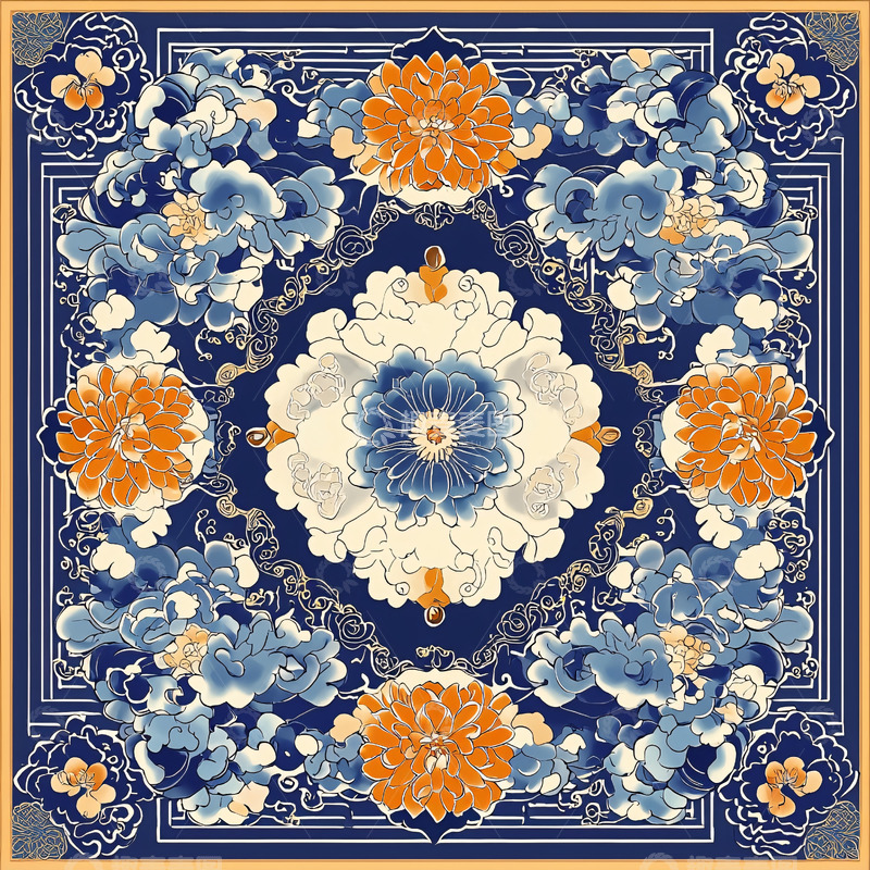 高清大图下载【趣麦麦图】蓝色底色的花卉纹样图案