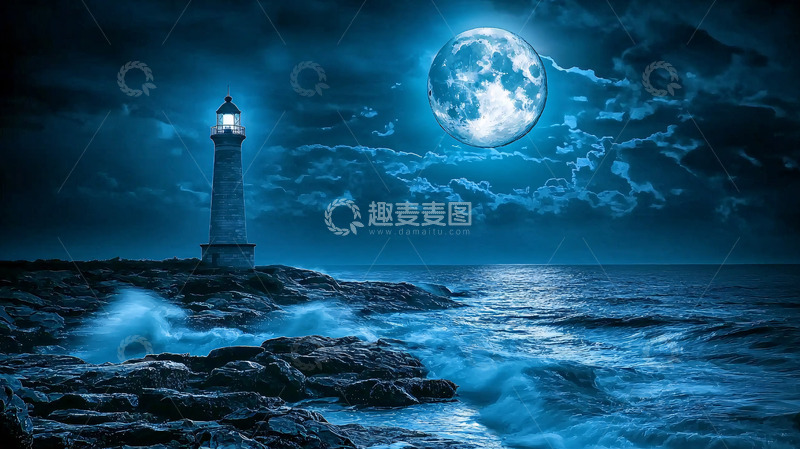高清大图下载【趣麦麦图】夜晚灯塔大海明月