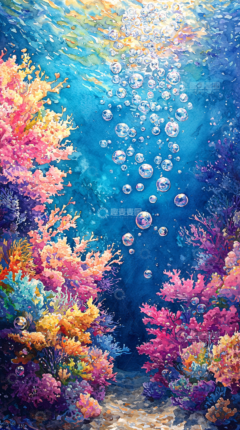 高清大图下载【趣麦麦图】水下珊瑚礁与气泡的梦幻场景