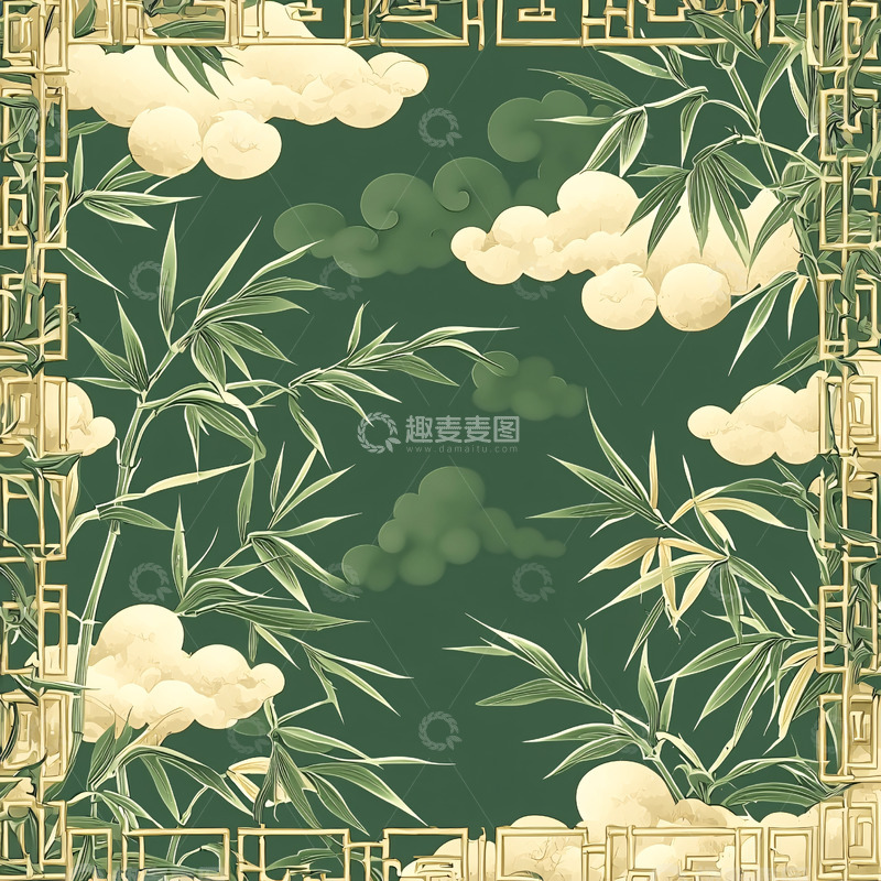高清大图下载【趣麦麦图】国风竹叶祥云纹样背景