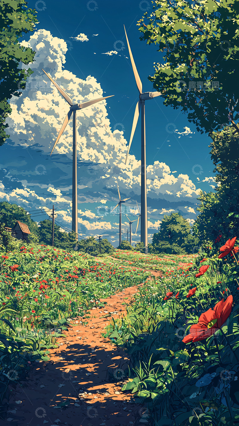 高清大图下载【趣麦麦图】田园风光下的风力发电机