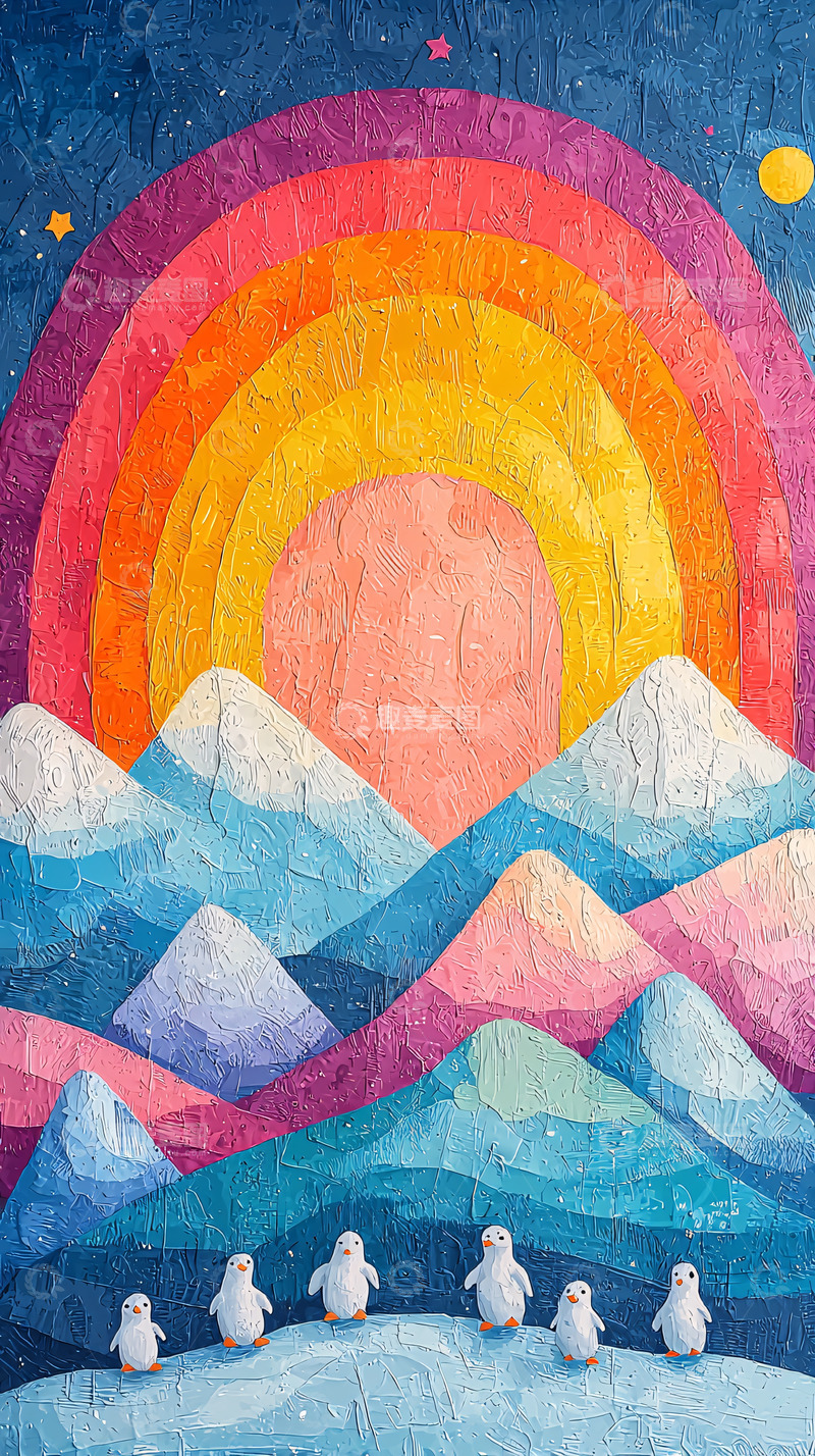 高清大图下载【趣麦麦图】彩虹山脉企鹅日出