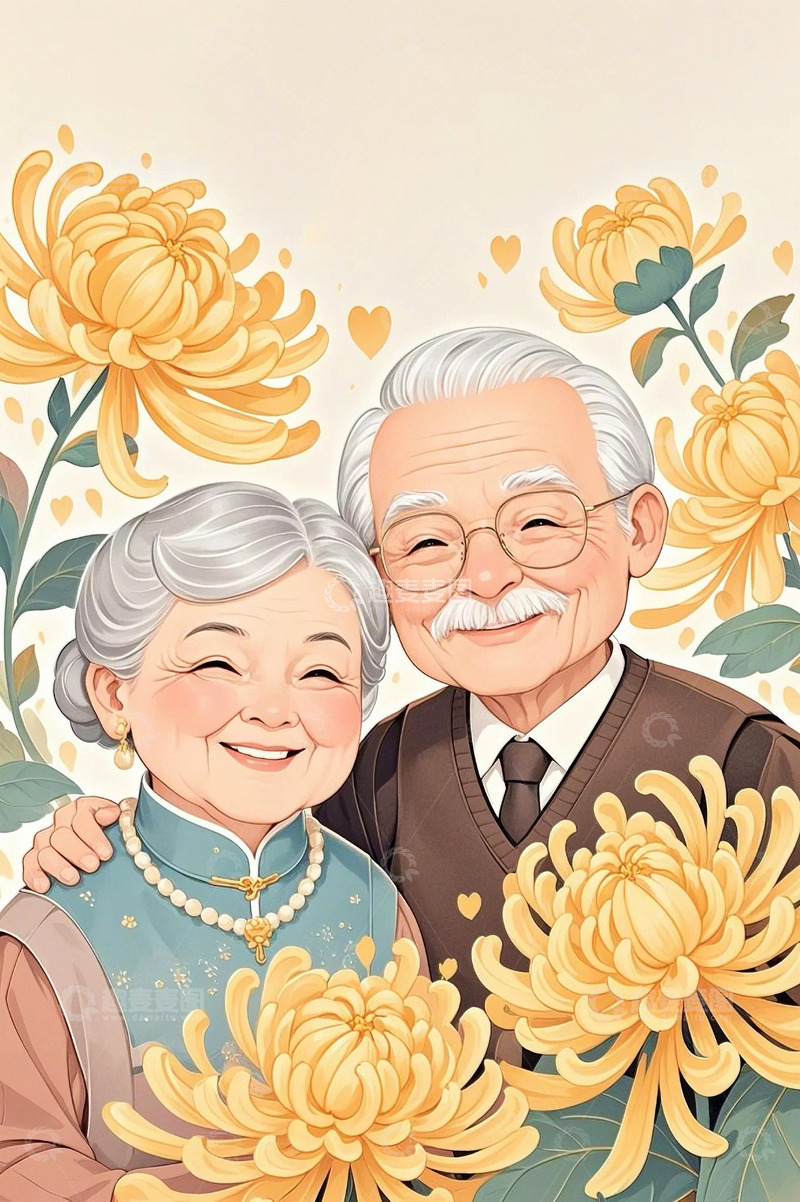高清大图下载【趣麦麦图】重阳节菊花人物老年夫妇9