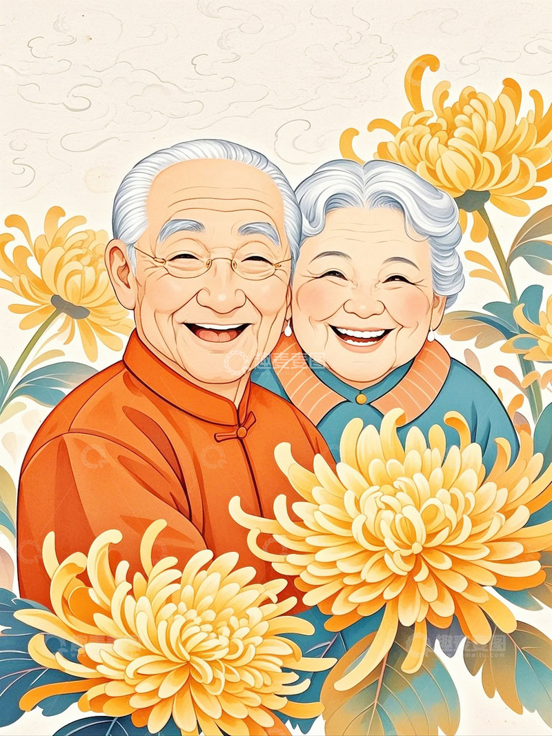 高清大图下载【趣麦麦图】重阳节菊花人物老年夫妇6
