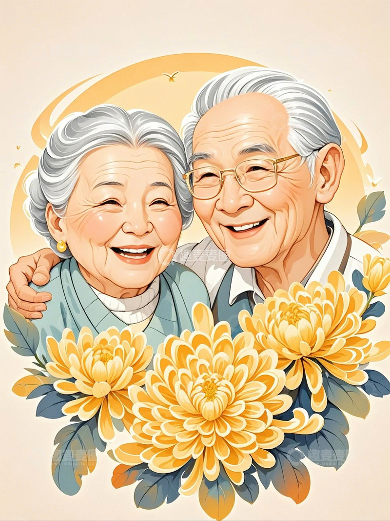 高清大图下载【趣麦麦图】重阳节菊花人物老年夫妇10