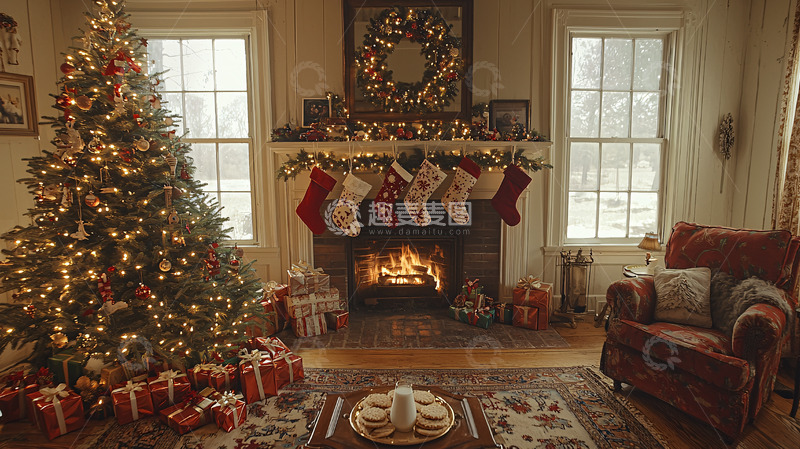 高清大图下载【趣麦麦图】温馨圣诞节壁炉房间