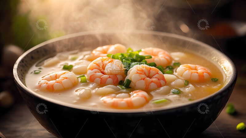 高清大图下载【趣麦麦图】美味海鲜虾肉疙瘩汤摄影图