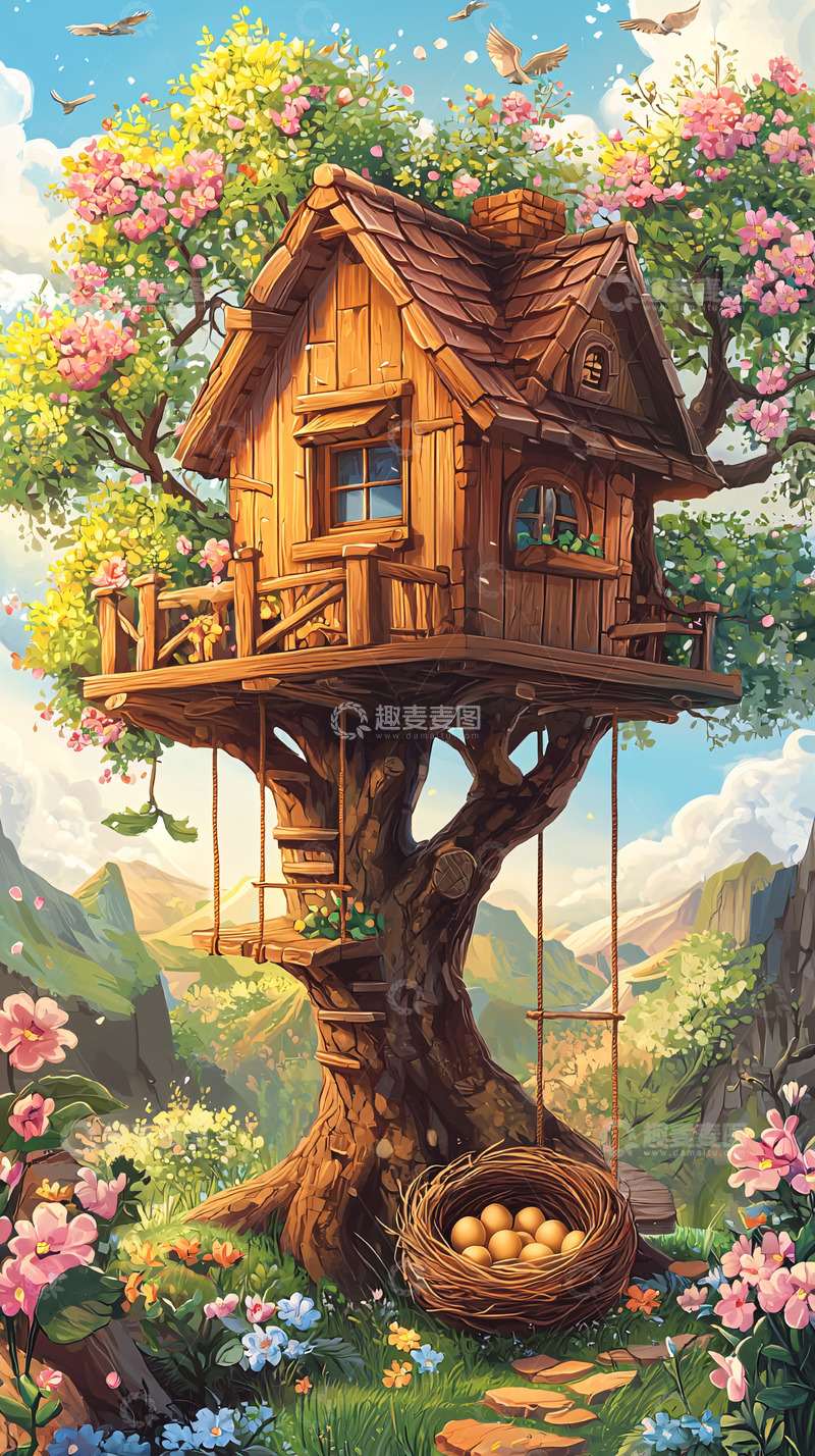 高清大图下载【趣麦麦图】童话树屋鸟巢田园风光