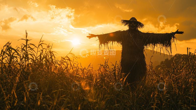 高清大图下载【趣麦麦图】夕阳下稻田里的稻草人