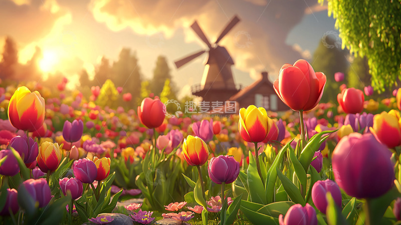 高清大图下载【趣麦麦图】郁金香花田在夕阳下的田园风光