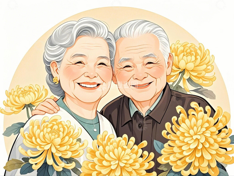 高清大图下载【趣麦麦图】重阳节菊花人物老年夫妇