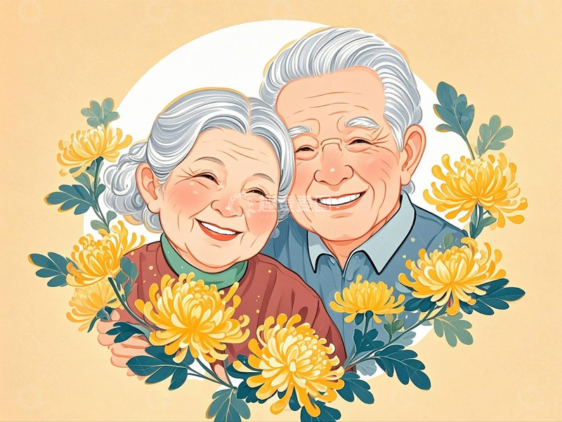 高清大图下载【趣麦麦图】重阳节菊花人物老年夫妇4