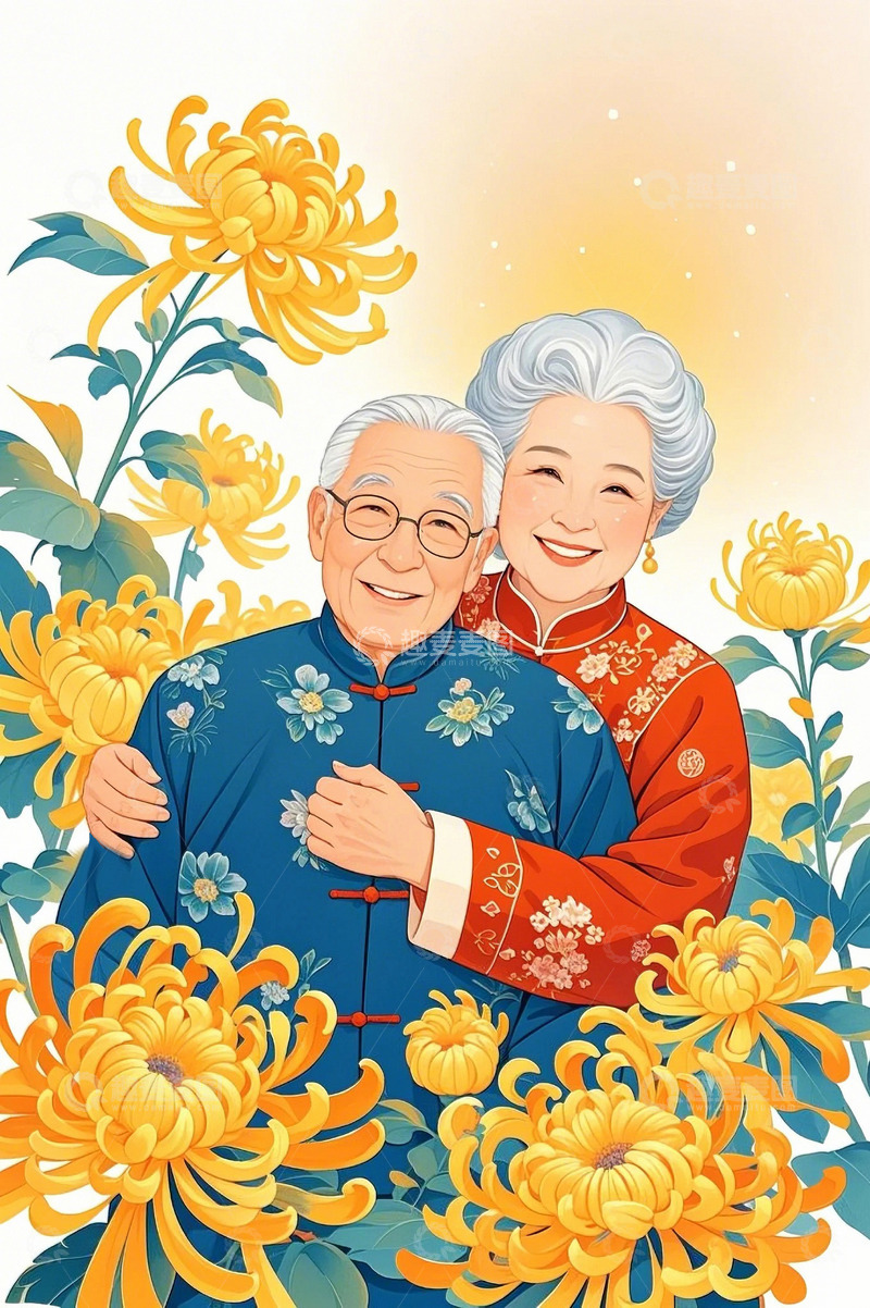 高清大图下载【趣麦麦图】重阳节菊花人物老年夫妇8