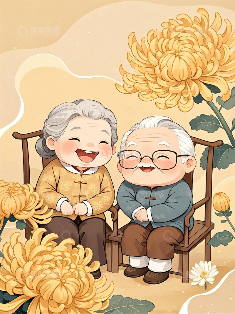 高清大图下载【趣麦麦图】重阳节菊花人物老年夫妇11