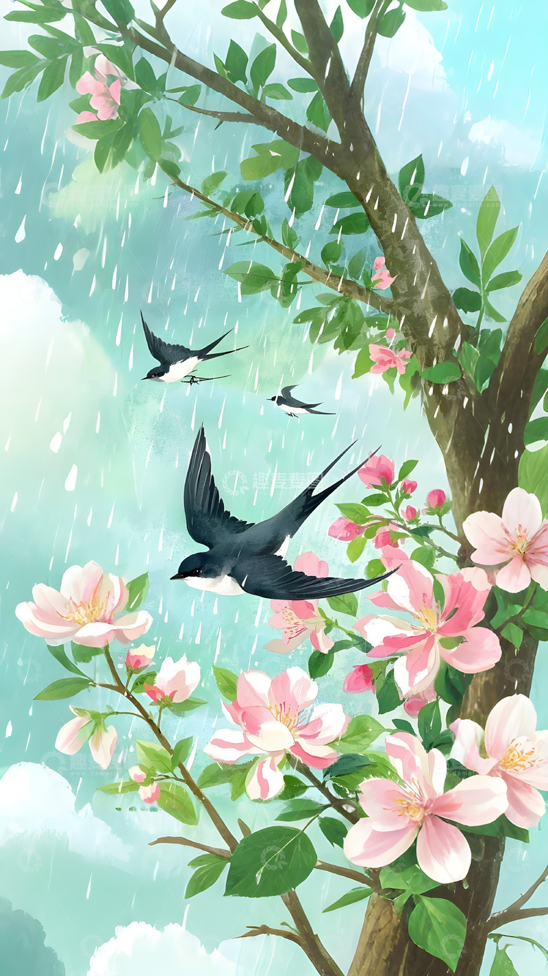 高清大图下载【趣麦麦图】春分春雨春花燕子插画背景