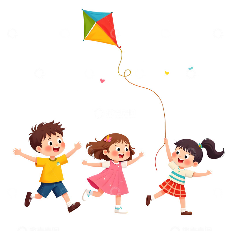 高清大图下载【趣麦麦图】儿童欢乐放风筝场景插画素材