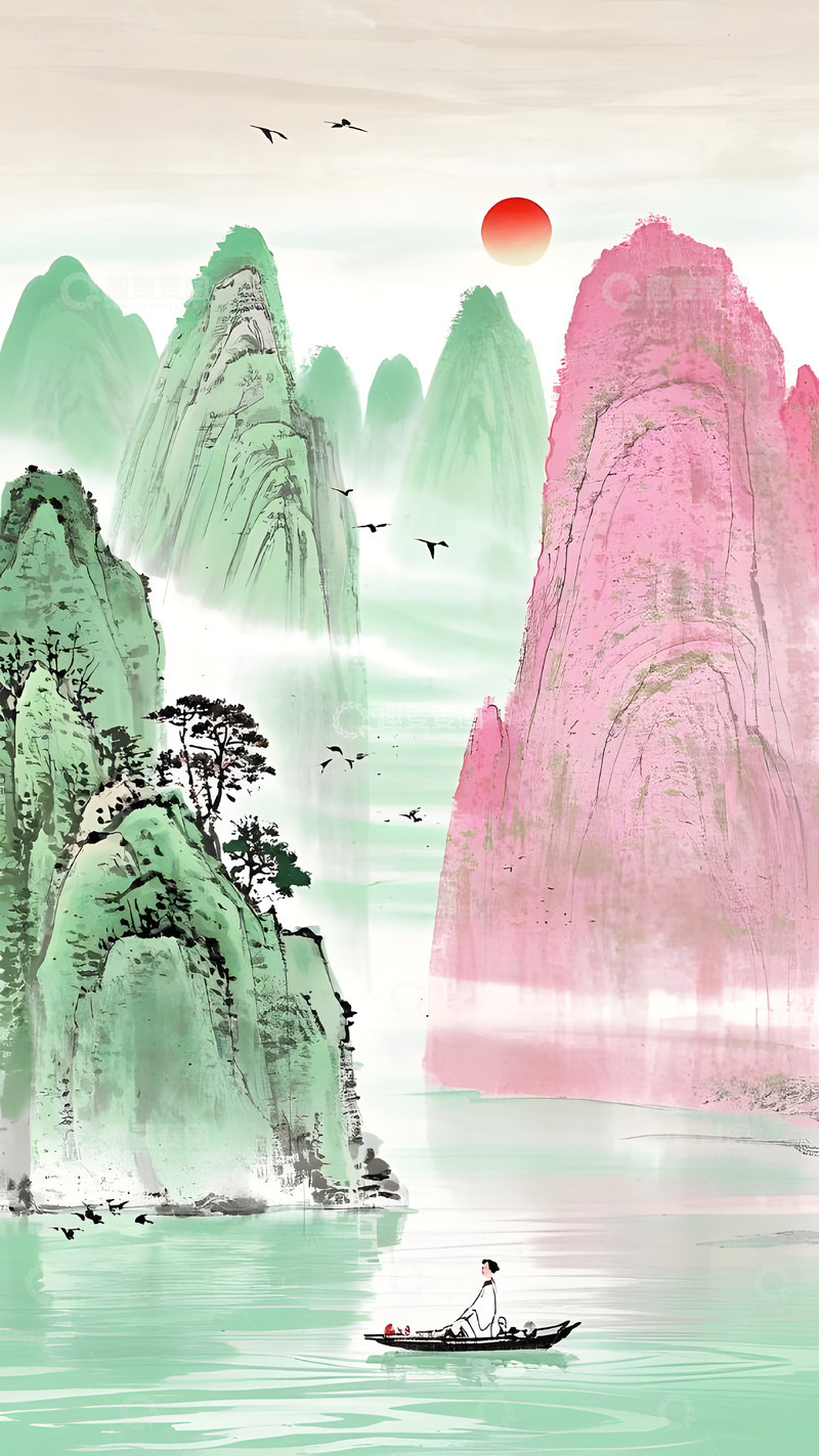 高清大图下载【趣麦麦图】山水红日飞鸟国风插画