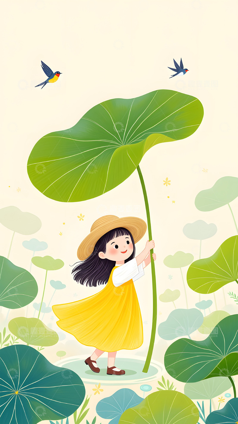 雨水谷雨荷叶挡雨卡通人物插画