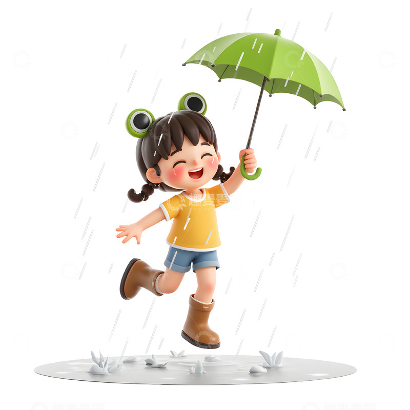 高清大图下载【趣麦麦图】3D卡通女孩踩水素材1