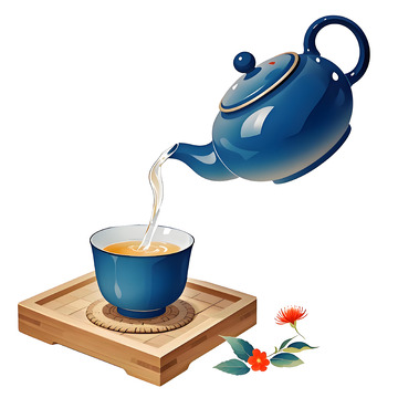 蓝壶沏茶品插画素材