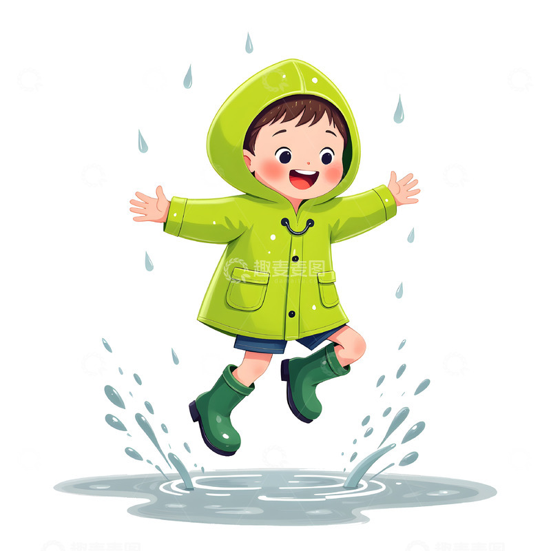 高清大图下载【趣麦麦图】卡通男孩穿雨衣踩水插画素材