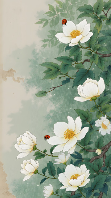 中国风花枝瓢虫插画背景