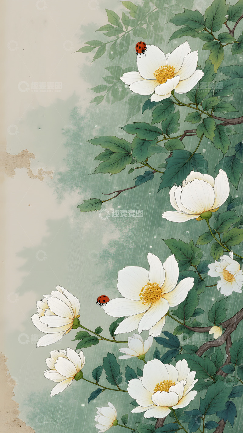 高清大图下载【趣麦麦图】中国风花枝瓢虫插画背景