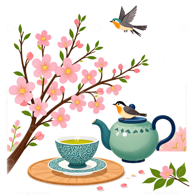 高清大图下载【趣麦麦图】春日茶韵花鸟插画素材