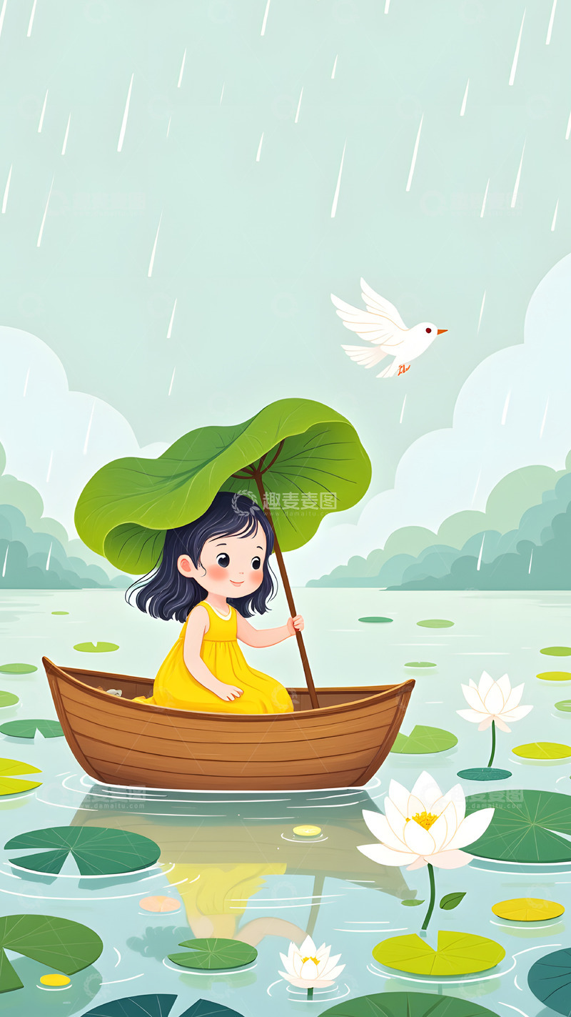 高清大图下载【趣麦麦图】-雨水谷雨荷叶挡雨卡通人物插画1