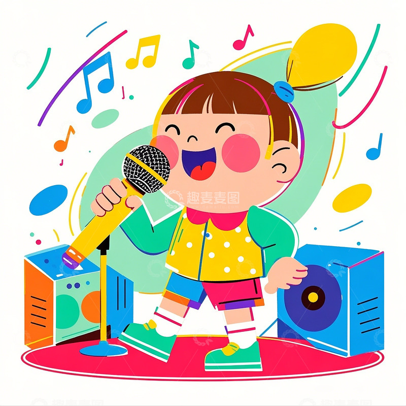 高清大图下载【趣麦麦图】小朋友拿话筒唱歌卡通人物素材1