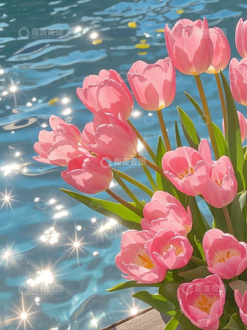高清大图下载【趣麦麦图】春天 波光粼粼河边郁金香