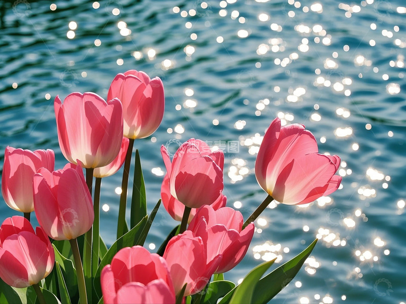 高清大图下载【趣麦麦图】波光粼粼湖边郁金香