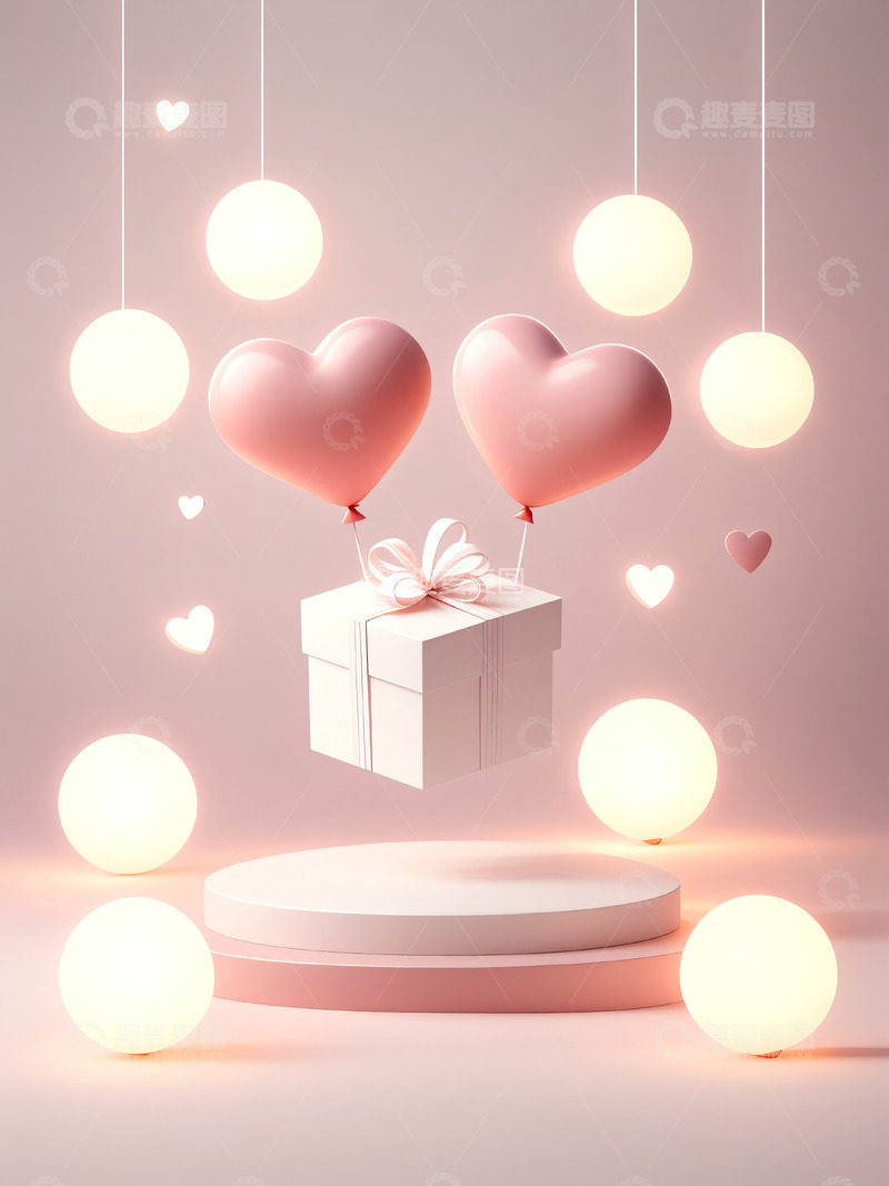 高清大图下载【趣麦麦图】爱心气球礼品盒情人节礼物背景7