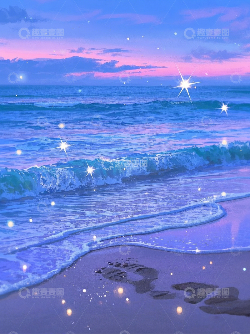 高清大图下载【趣麦麦图】蓝紫渐变暮色海滩4