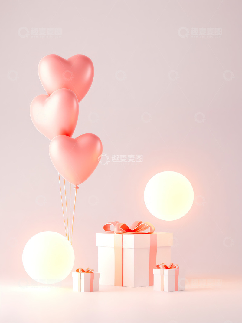 高清大图下载【趣麦麦图】爱心气球礼品盒情人节礼物背景13