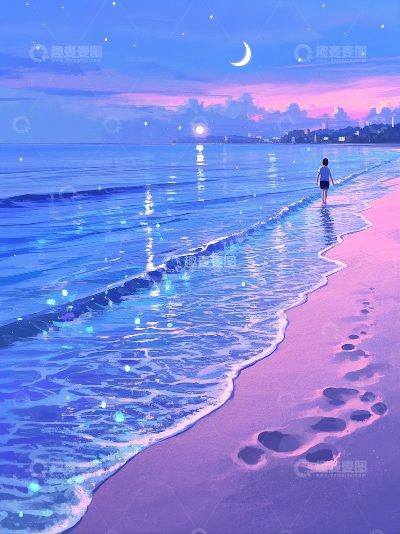 高清大图下载【趣麦麦图】蓝紫渐变暮色海滩5