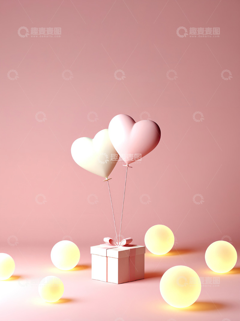 高清大图下载【趣麦麦图】爱心气球礼品盒情人节礼物背景9