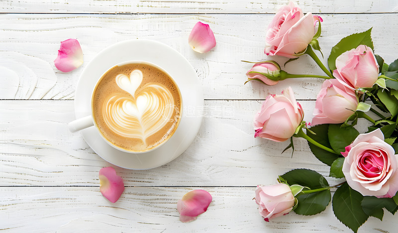 高清大图下载【趣麦麦图】咖啡拉花与粉色玫瑰
