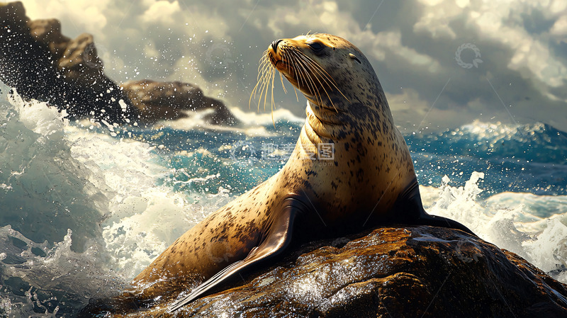 高清大图下载【趣麦麦图】海豹在岩石上眺望大海