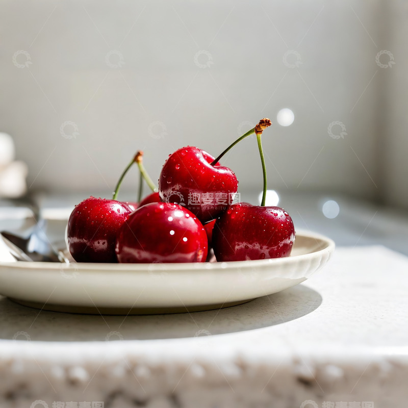 高清大图下载【趣麦麦图】白色盘子里面装着的樱桃