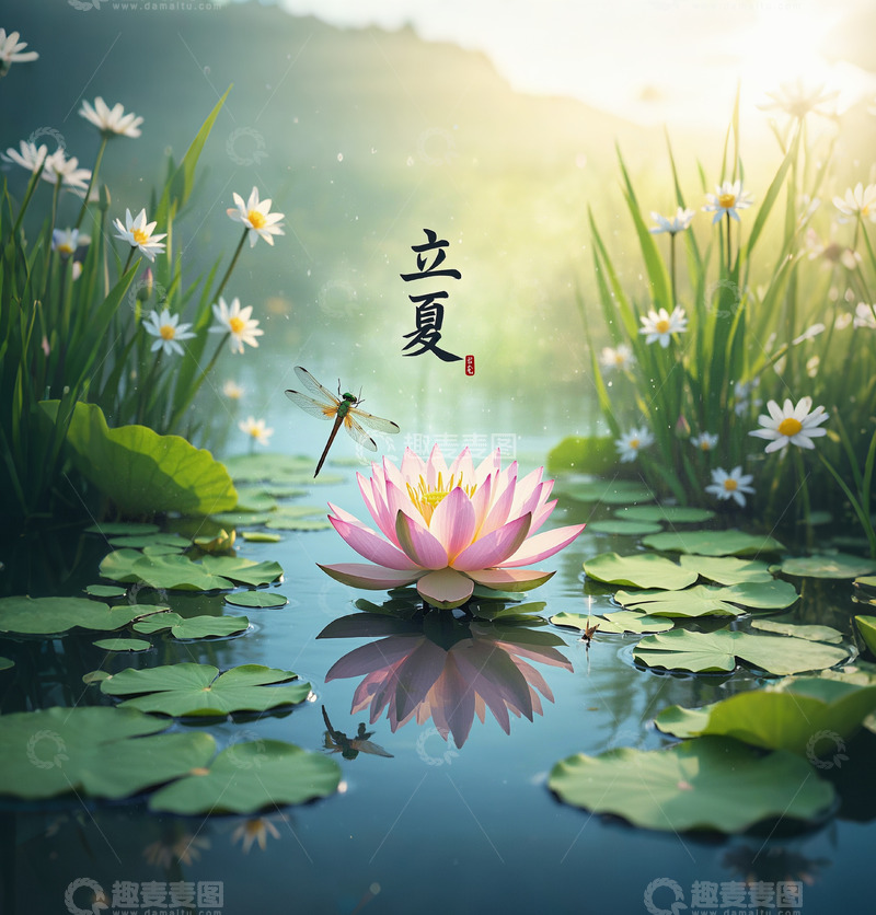 高清大图下载【趣麦麦图】立夏荷花池塘蜻蜓