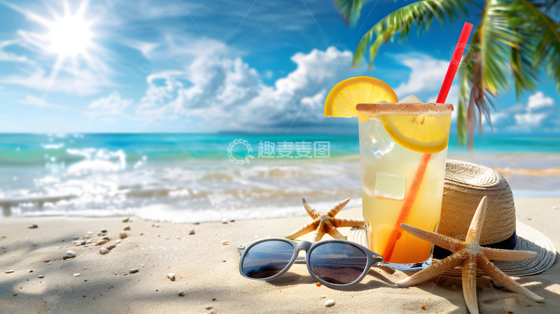 高清大图下载【趣麦麦图】阳光沙滩上的柠檬茶