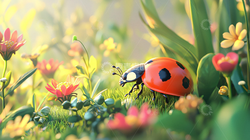 高清大图下载【趣麦麦图】阳光下七星瓢虫在花丛中