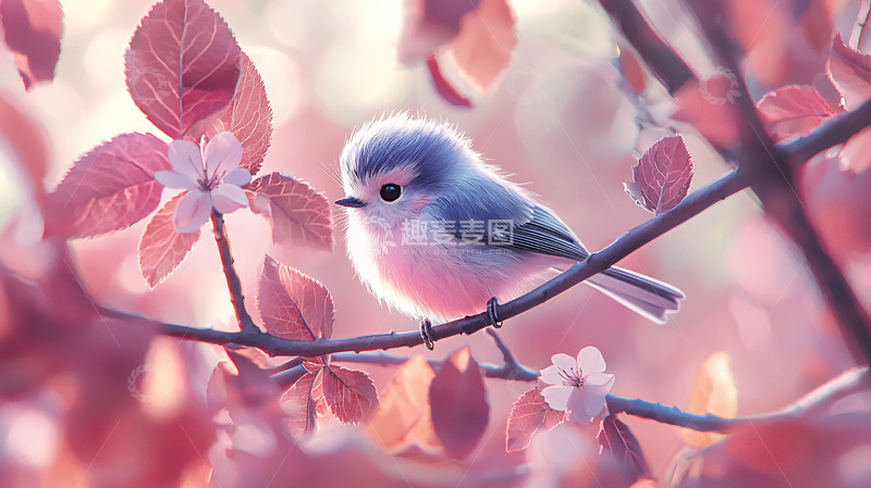高清大图下载【趣麦麦图】粉蓝小鸟栖息花枝