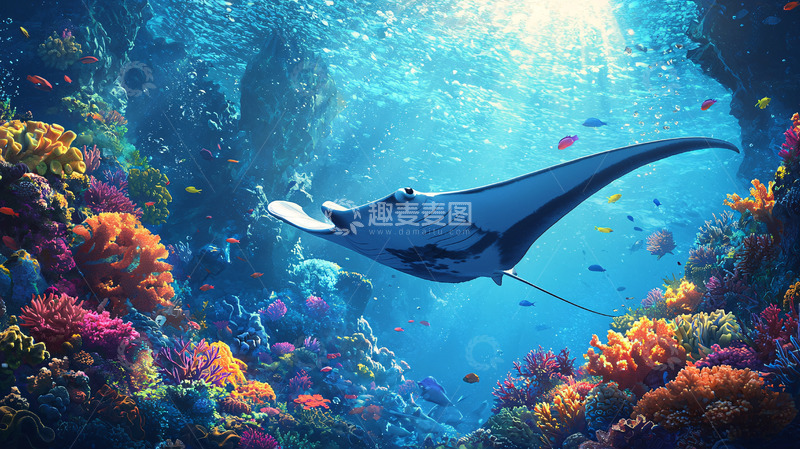 高清大图下载【趣麦麦图】珊瑚礁海洋蝠鲼