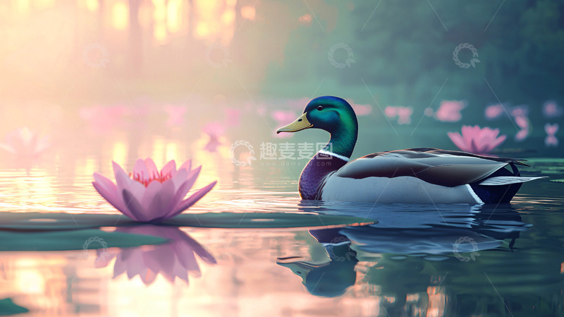 高清大图下载【趣麦麦图】静谧湖泊里一只雄鸭