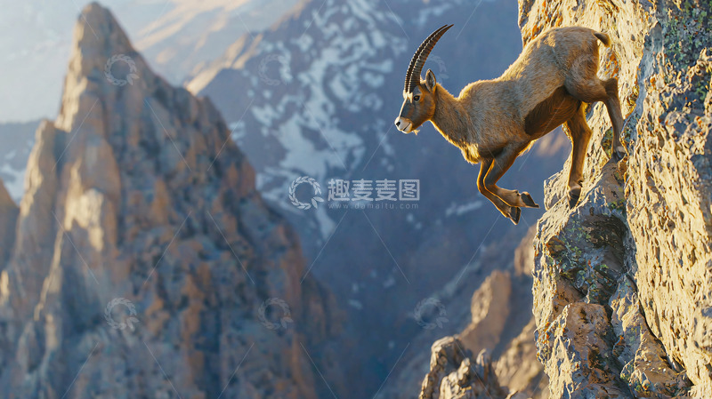 高清大图下载【趣麦麦图】山羊跳跃悬崖峭壁