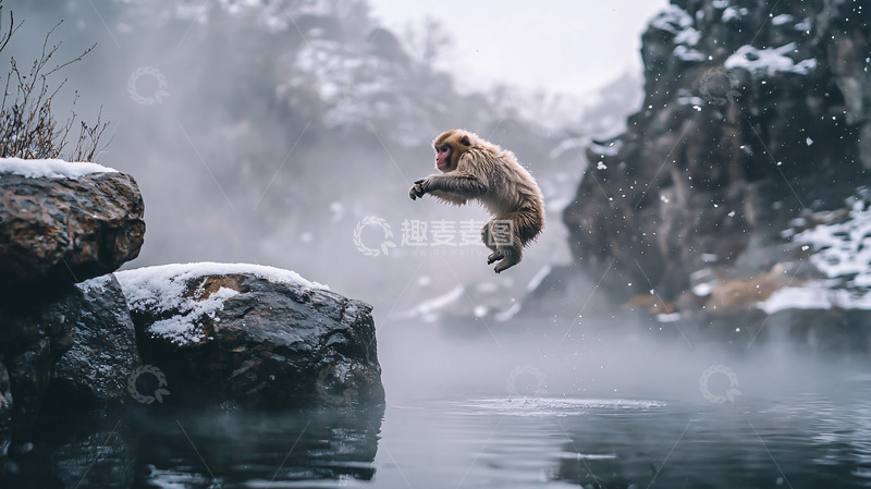 高清大图下载【趣麦麦图】雪猴跳温泉高清图片
